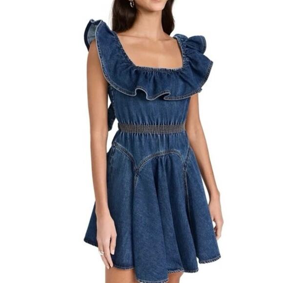 Self-portrait denim ruffle dress mini flirty open back with bow size 4 feminine - Picture 7 of 11